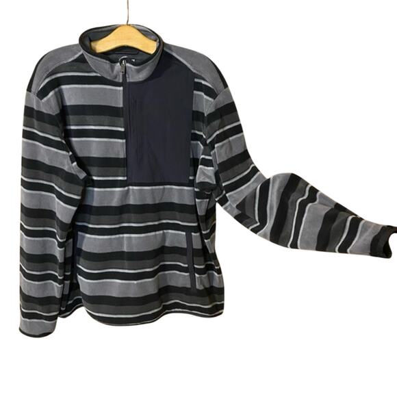 Duluth Trading Co. Black Gray Striped fleece quarter zip Pullover large relaxed - Picture 1 of 8